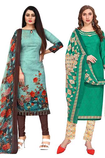 beige & pista green cotton printed unstitched salwar suit material (combo of 2)
