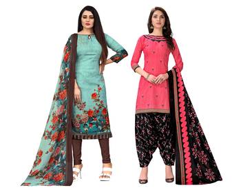 beige & pista green cotton printed unstitched salwar suit material (combo of 2) 1