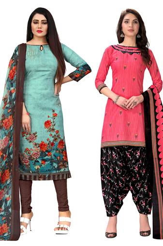 beige & pista green cotton printed unstitched salwar suit material (combo of 2)