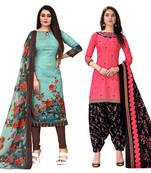 beige & pista green cotton printed unstitched salwar suit material (combo of 2)