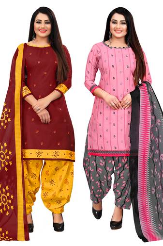 maroon and baby pink cotton printed unstitched salwar suit material (combo of 2)