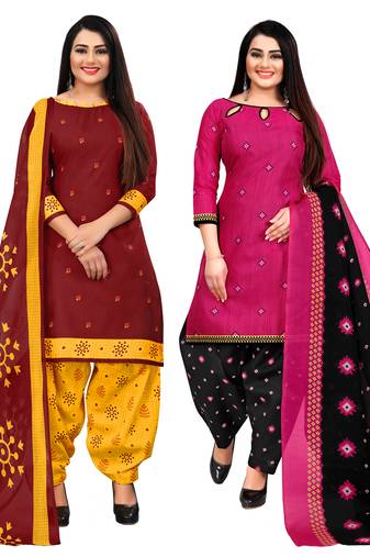 maroon and magenta cotton printed unstitched salwar suit material (combo of 2)
