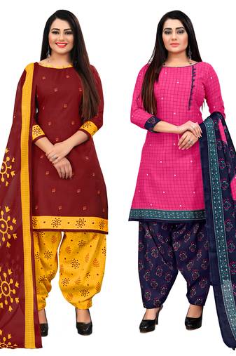 maroon and magenta cotton printed unstitched salwar suit material (combo of 2)
