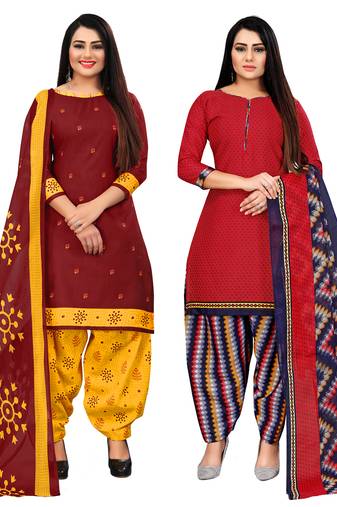 maroon and red cotton printed unstitched salwar suit material (combo of 2)