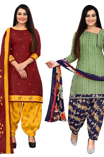 maroon and green cotton printed unstitched salwar suit material (combo of 2)