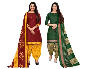 maroon and green cotton printed unstitched salwar suit material (combo of 2) 1