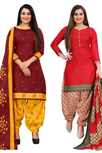 maroon and red cotton printed unstitched salwar suit material (combo of 2)