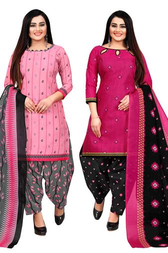 baby pink and magenta cotton printed unstitched salwar suit material (combo of 2)