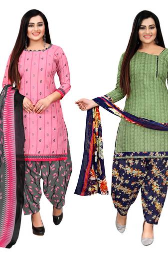baby pink and green cotton printed unstitched salwar suit material (combo of 2)