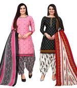 Rajnandini baby pink and black cotton printed unstitched salwar suit material (combo of 2)
