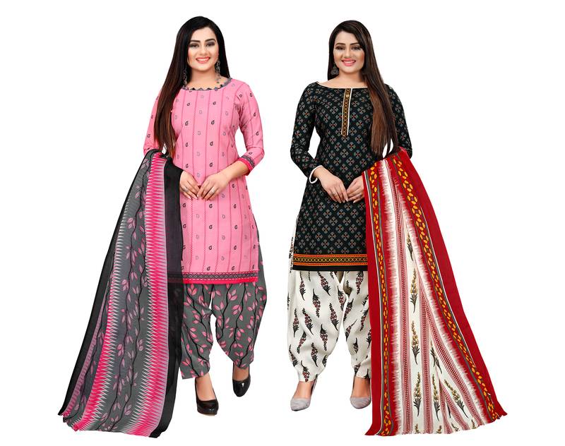 Rajnandini baby pink and black cotton printed unstitched salwar suit material (combo of 2)