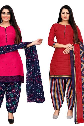dark pink and red cotton printed unstitched salwar suit material (combo of 2)