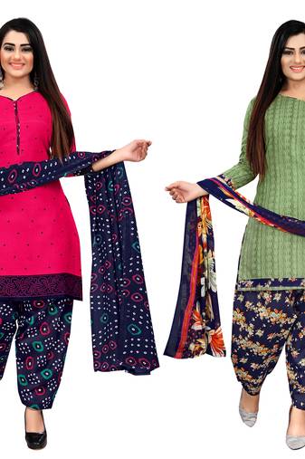 dark pink and green cotton printed unstitched salwar suit material (combo of 2)