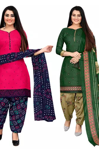 Rajnandini dark pink and green cotton printed unstitched salwar suit material (combo of 2)
