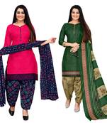 dark pink and green cotton printed unstitched salwar suit material (combo of 2)