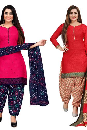 dark pink and red cotton printed unstitched salwar suit material (combo of 2)