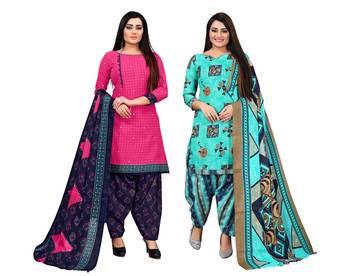 magenta and turquoise blue cotton printed unstitched salwar suit material (combo of 2) 1