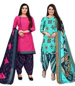 magenta and turquoise blue cotton printed unstitched salwar suit material (combo of 2)