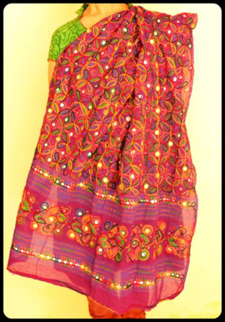 Purple Multicolour Kutch Aari work Embroidery with mirror work fully done over Dupatta