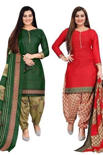 green and red cotton printed unstitched salwar suit material (combo of 2)