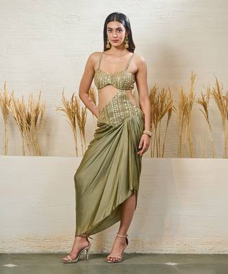 Sage green drape saree with attached blouse 1