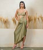 Sage green drape saree with attached blouse