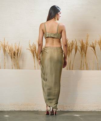 Sage green drape saree with attached blouse 5