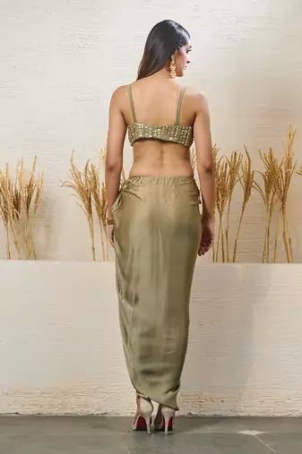 Sage green drape saree with attached blouse