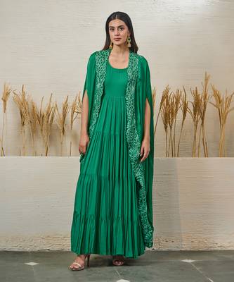 Green georgette dress with cape 1