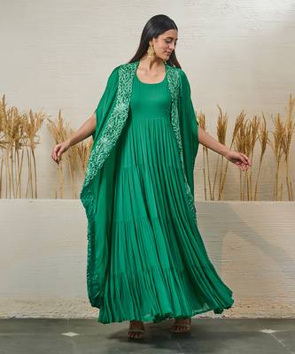 Green georgette dress with cape 2