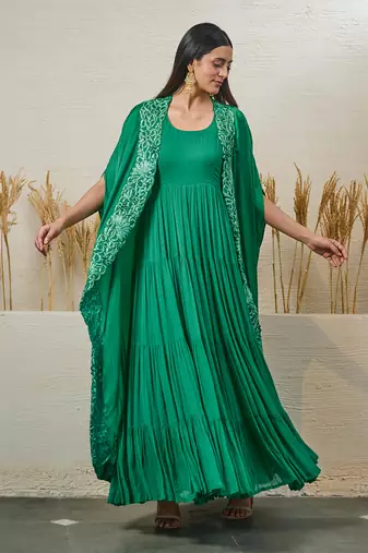 Green georgette dress with cape