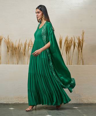Green georgette dress with cape 3