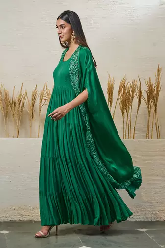 Green georgette dress with cape