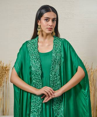 Green georgette dress with cape 4