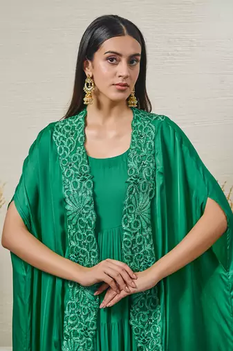 Green georgette dress with cape