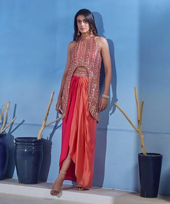 Ombre peach and red top with skirt 1