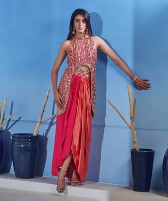 Ombre peach and red top with skirt 2