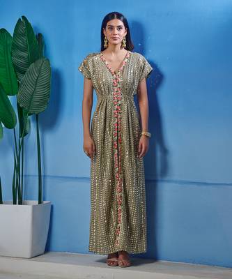 Green georgette kaftan gown 1