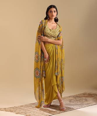Eraya emblished drape skirt set with cape 1