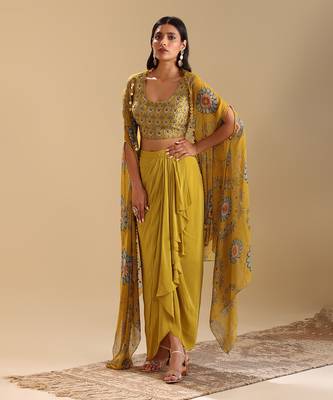 Eraya emblished drape skirt set with cape 2