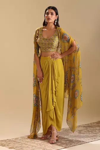 Eraya emblished drape skirt set with cape