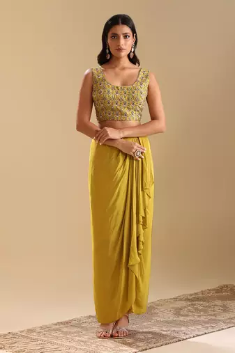Eraya emblished drape skirt set with cape