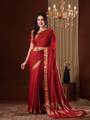 Maroon zari butti work design chiffon saree traditional saree with blouse 1