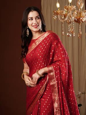 Maroon zari butti work design chiffon saree traditional saree with blouse 5