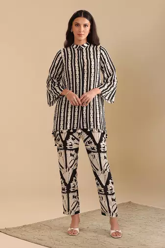 Black and white cotton linen naqsh embellished co-ord set