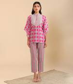 Pink   cotton linen  naqsh embellished short kaftan set
