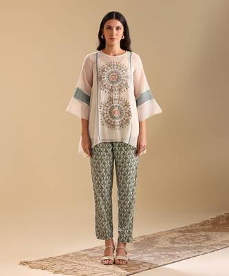 Off white.green net eraya applique asymmetric co-ord set 1