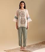 Off white.green net eraya applique asymmetric co-ord set