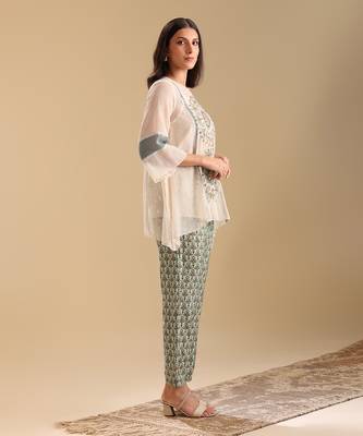 Off white.green net eraya applique asymmetric co-ord set 4