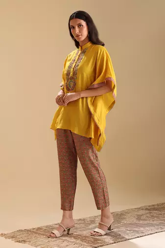 Yellow  chanderi eraya embellished kaftan set
